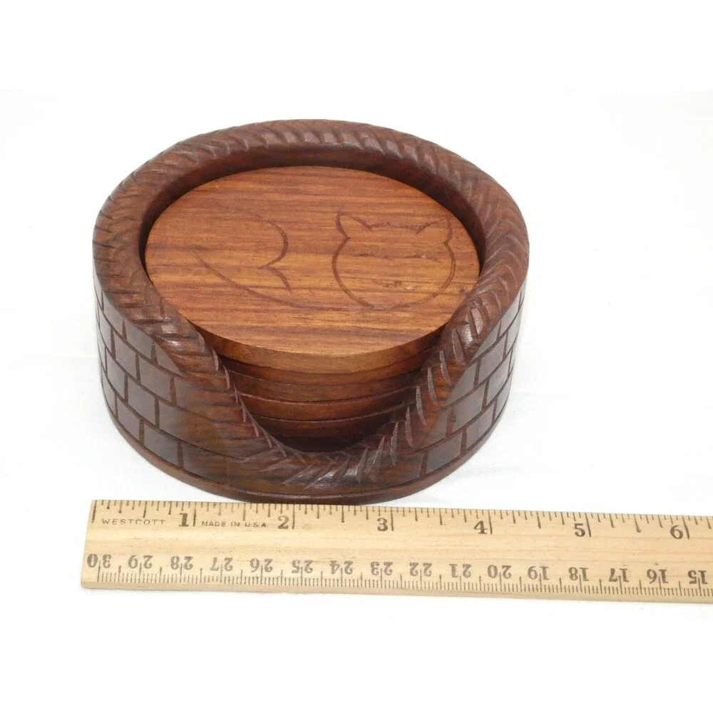 Wood Coasters Cat Kitten Set of 6 Stackable Cat Bed Holder - Carved Decor India